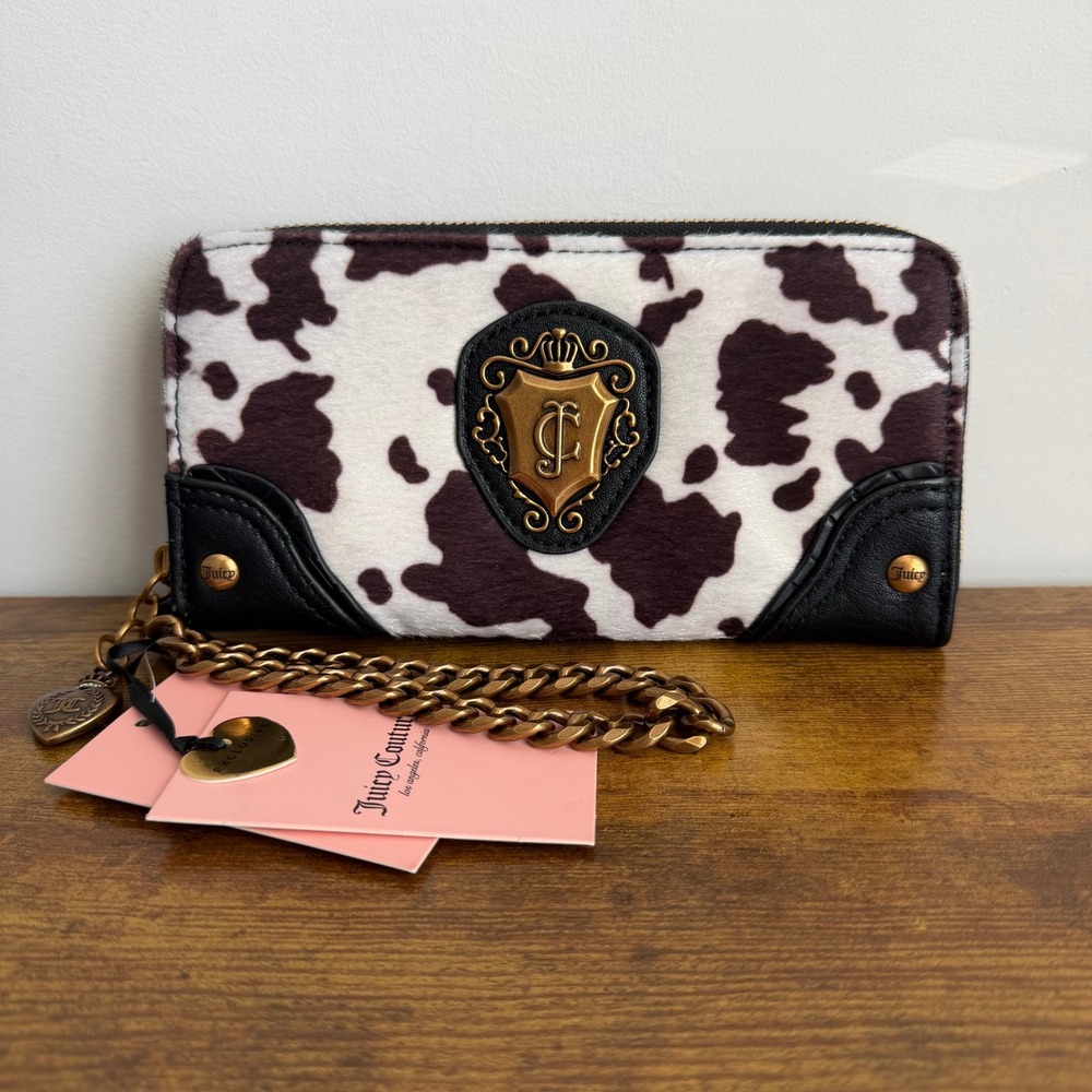 New Juicy Couture Romance Cow Print Wallet Clutch Wristlet Brown Black Long